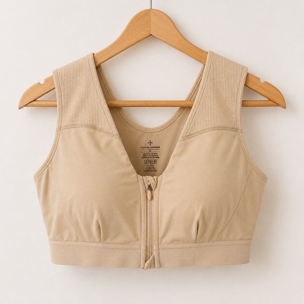 Tommie Copper Athleisure Zip Front Sports Bra Womens XL Beige Recovery Active